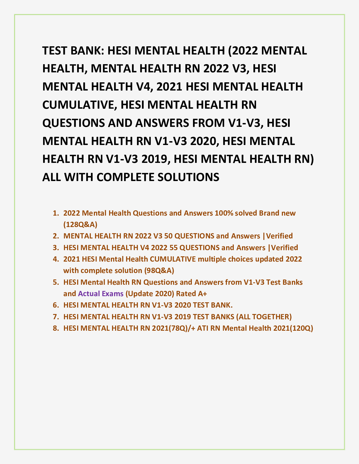 Preview of TEST BANK: HESI MENTAL HEALTH (2022 MENTAL HEALTH, MENTAL HEALTH RN 2022 V3, HESI MENTAL H